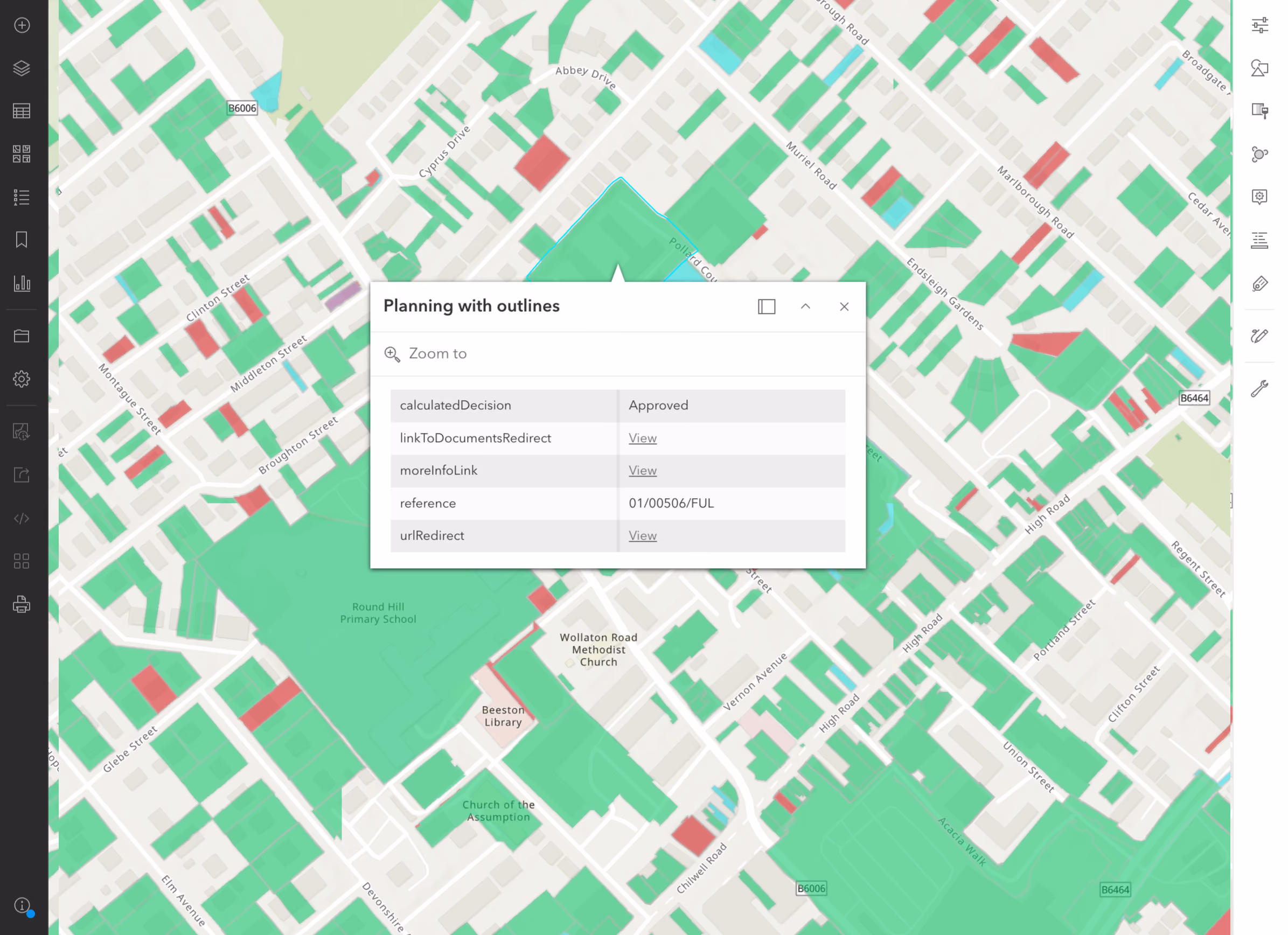 Digital map showing neighbourhood layout with a planning details pop-up window marked 'Approved'.