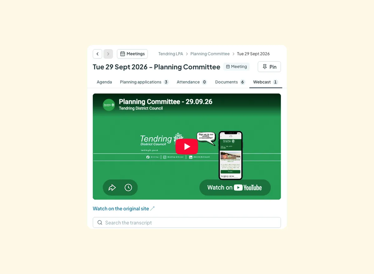 Watch meetings from any committee with transcripts or meeting notes