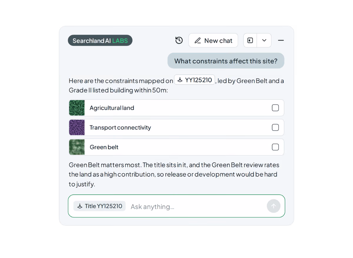 Searchland UI | Ask AI assistant listing the planning constraints on a selected title, including agricultural land, transport connectivity and green belt, with a short explanation of the Green Belt impact