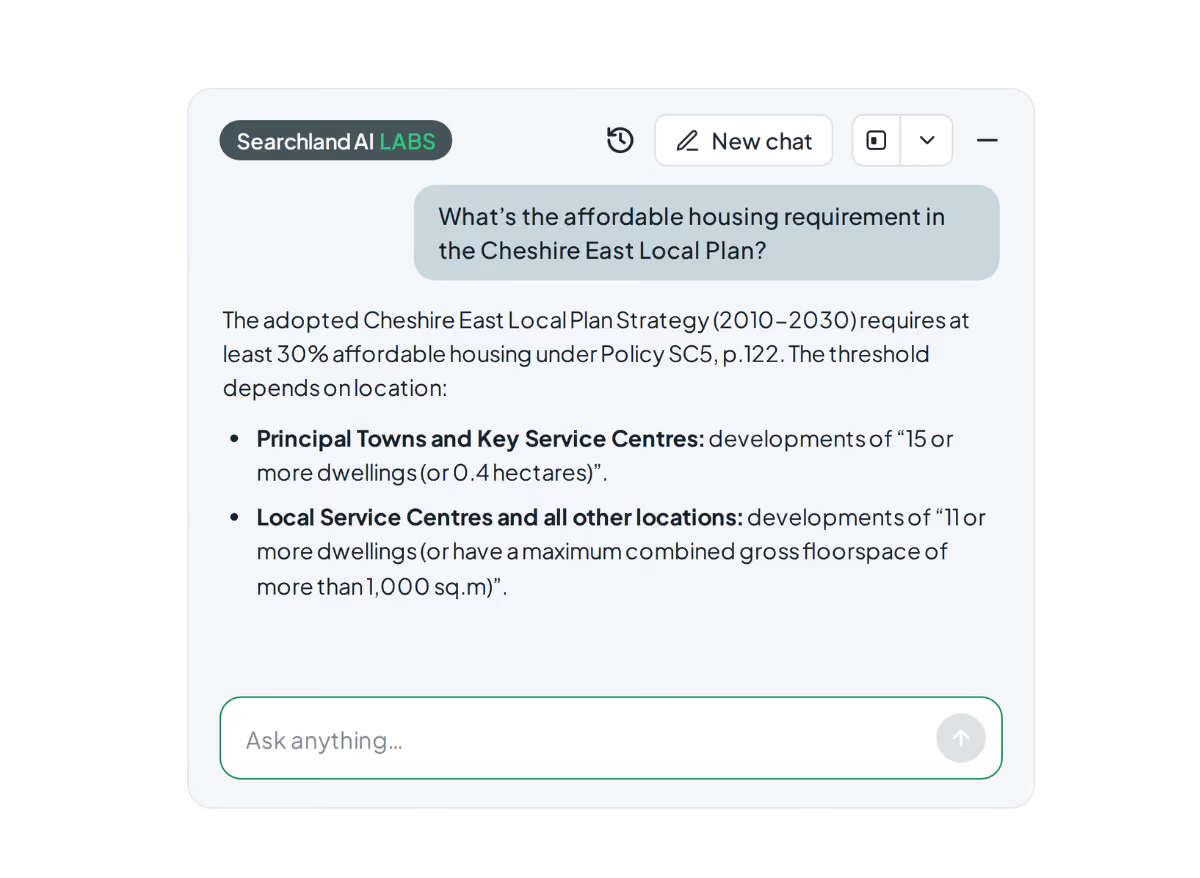 Searchland UI | Ask AI assistant answering a question about the affordable housing requirement in the Cheshire East Local Plan, citing Policy SC5 and its site-size thresholds