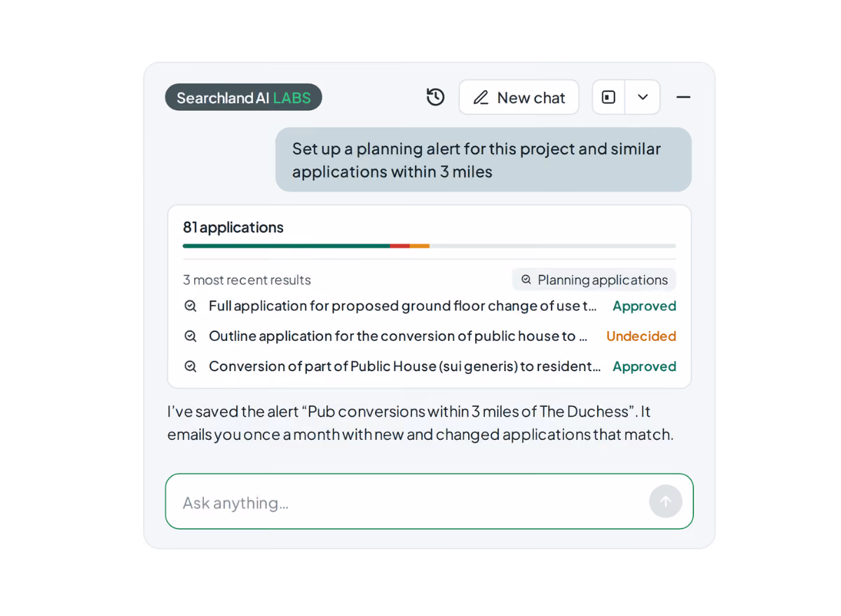 Searchland UI | Ask AI assistant finding 81 similar planning applications within 3 miles of a site and confirming a monthly email alert has been saved