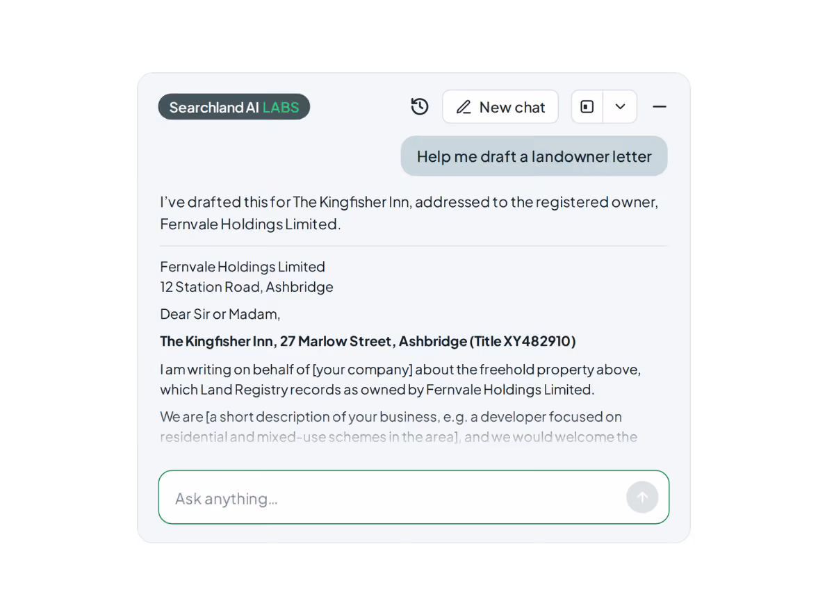 Searchland UI | Ask AI assistant drafting a letter to the registered owner of a pub, addressed using the title’s Land Registry details