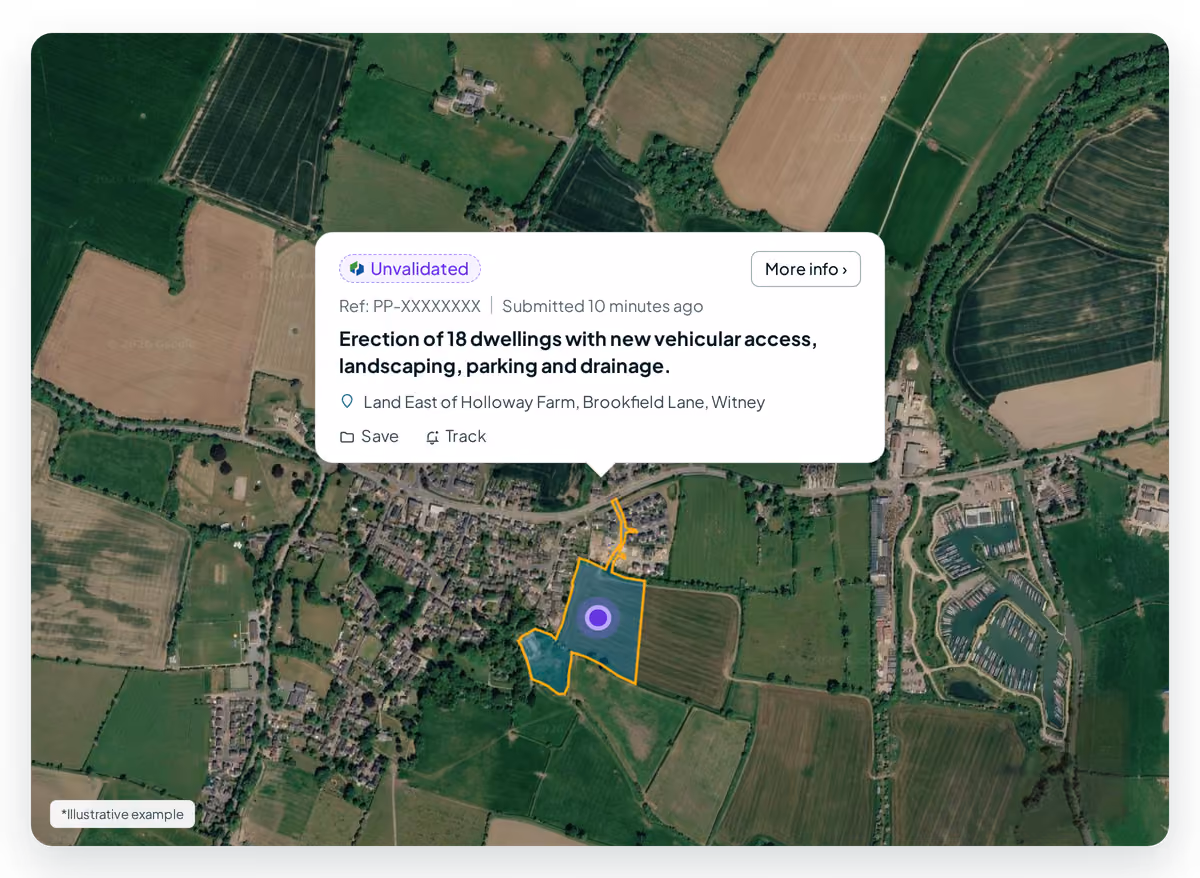 Searchland map popup for an unvalidated submission: 18 dwellings with new access, landscaping, parking and drainage at Land East of Holloway Farm, Witney.