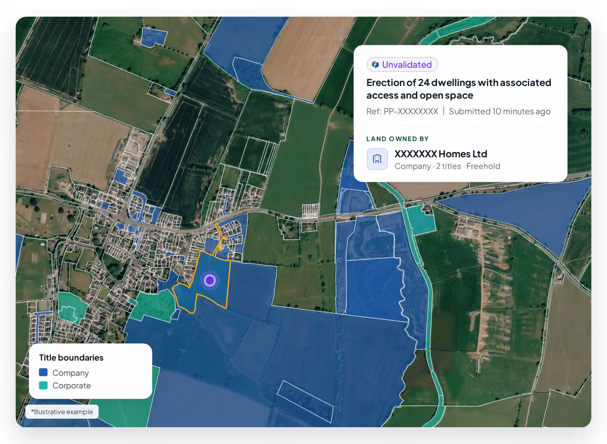 Unvalidated submission for 24 dwellings on the company ownership layer, showing the land is owned by a homebuilder company across two freehold titles.
