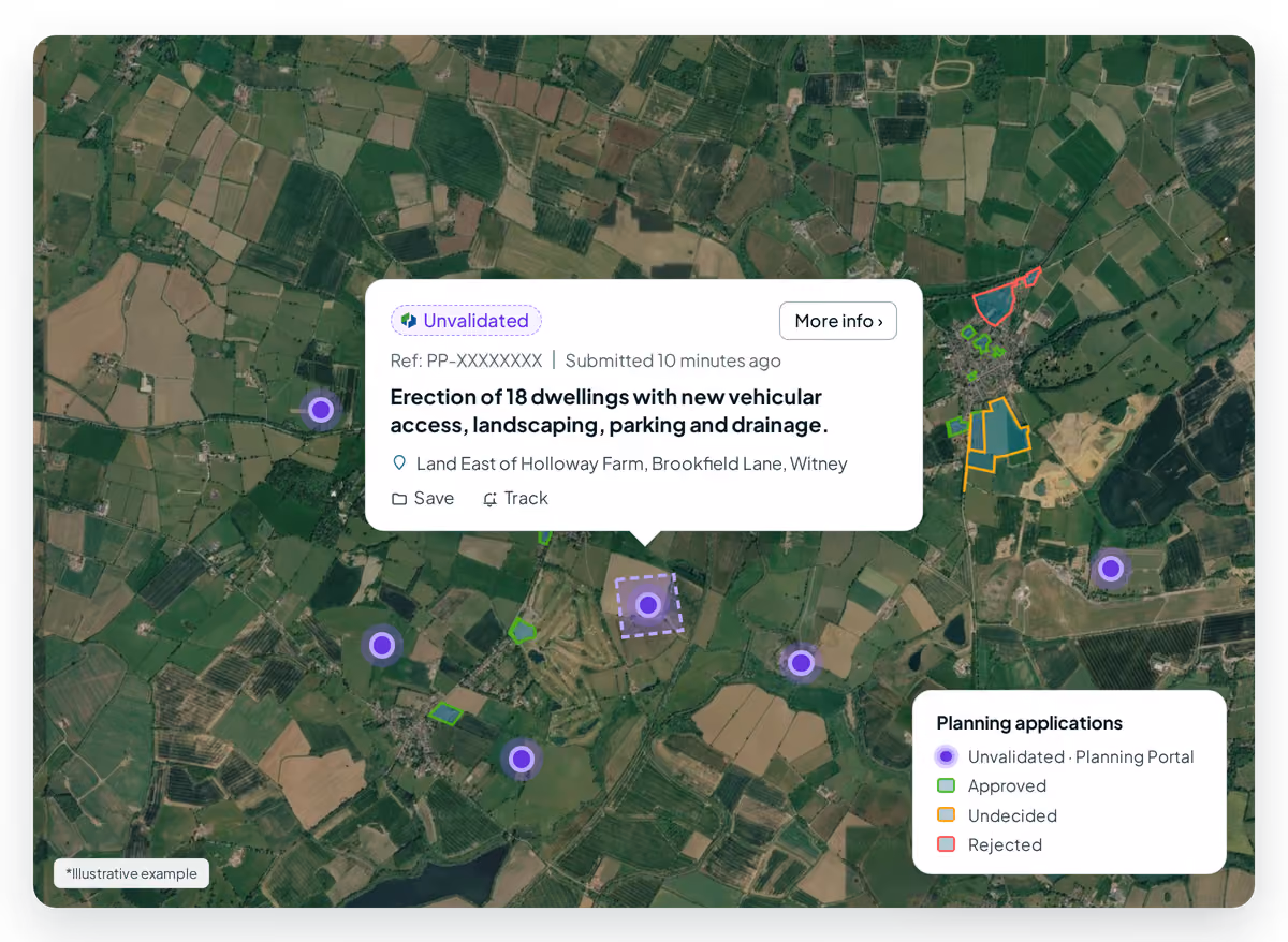 Satellite map of planning applications by status, with an unvalidated Planning Portal submission for 18 dwellings in Witney highlighted.