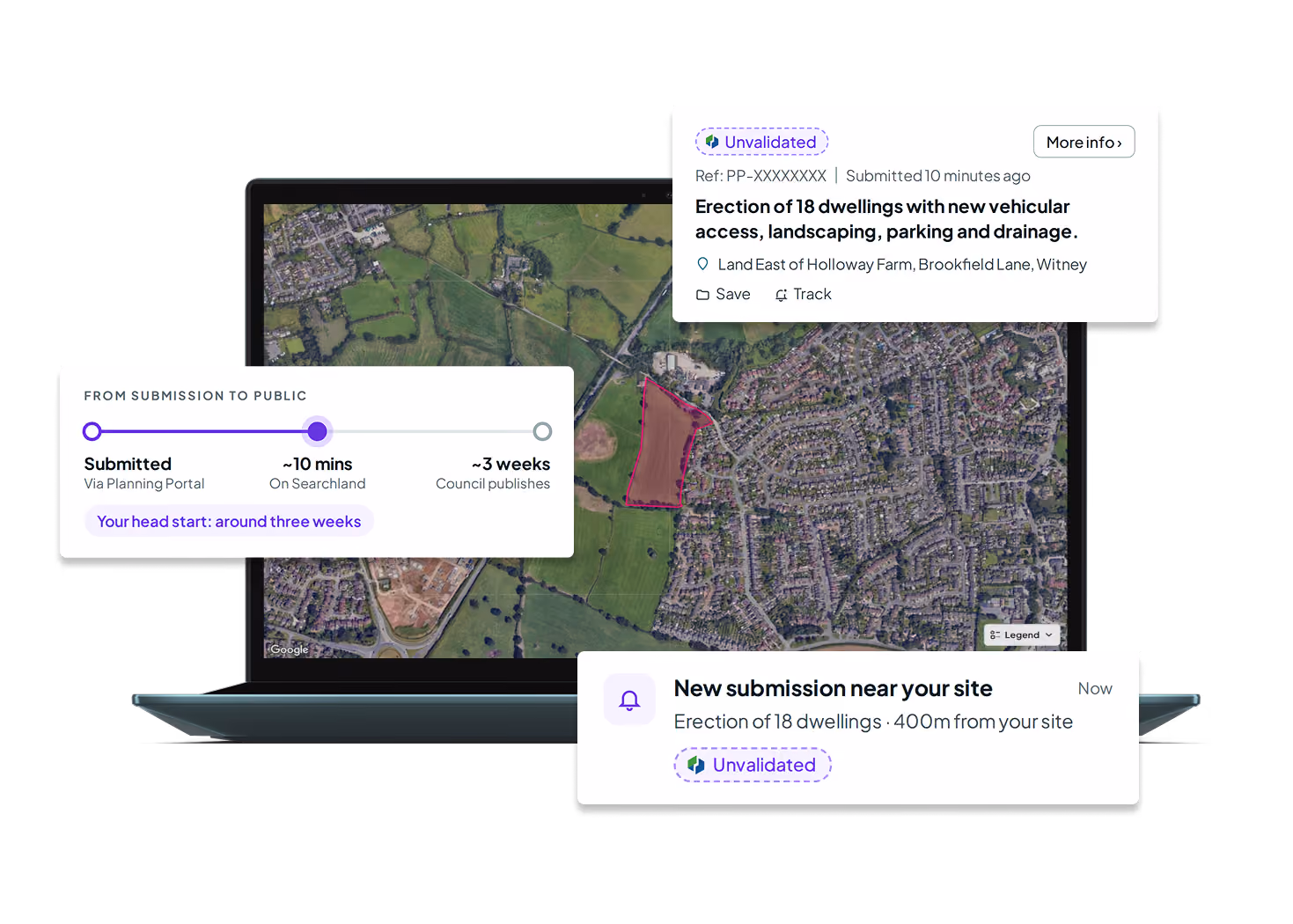 Searchland map on a laptop showing an unvalidated Planning Portal submission for 18 dwellings, with a timeline from submission to council publication and an alert for a new submission near your site.