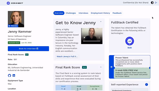 Candidate profile dashboard showing a senior software engineer’s experience, skills, ranking score, and availability for interview.