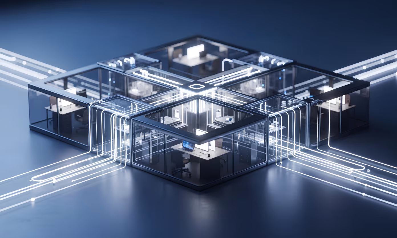 Futuristic glass office building with illuminated circuit-like light paths connecting various workspaces.