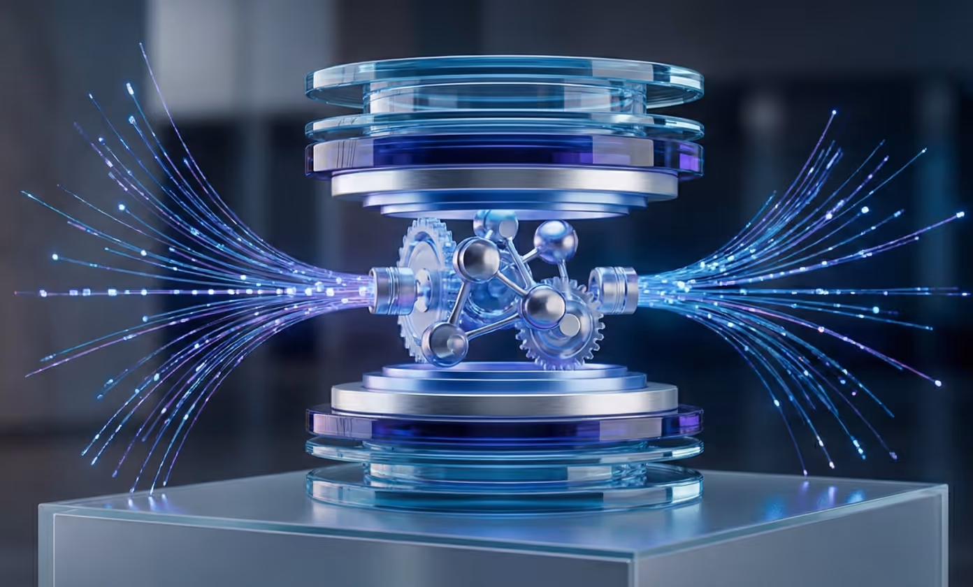 Futuristic metallic molecular structure connected to glass discs with glowing blue digital lines extending outward.