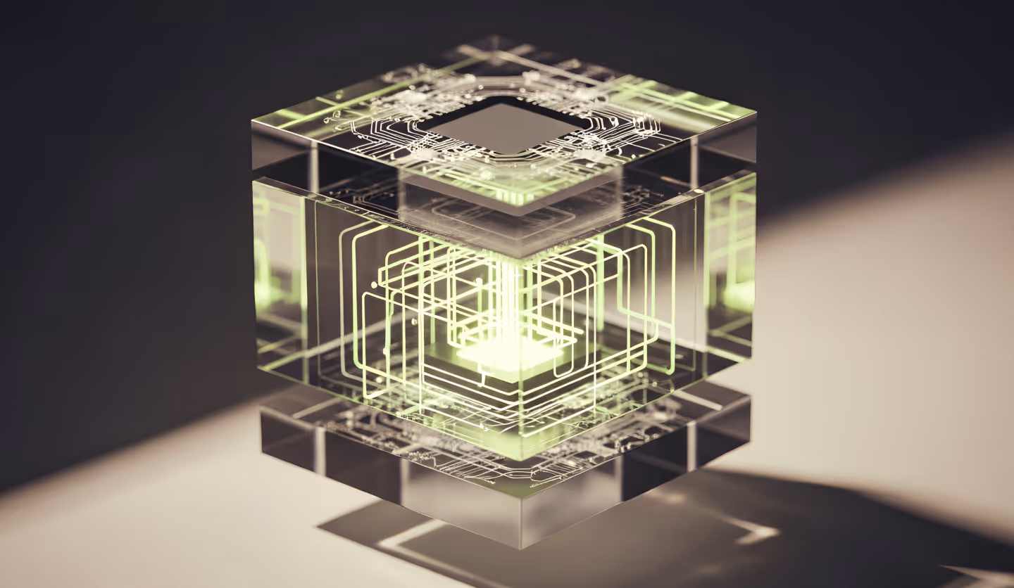 Glowing translucent cube with intricate neon green circuit patterns floating above a surface.
