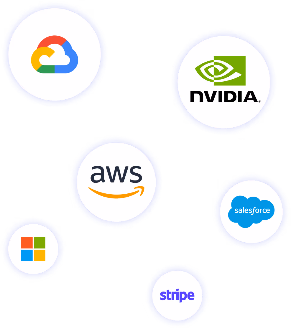 Six technology company logos arranged in a scattered pattern inside white circles: Google Cloud, Nvidia, AWS, Salesforce, Microsoft, and Stripe.