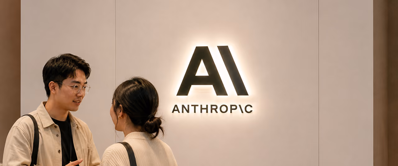 Two people talking in front of a wall with the illuminated Anthropics AI logo.