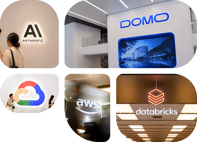 Collage of five tech company logos: Anthropic, Domo, Google Cloud, AWS, and Databricks in office settings.