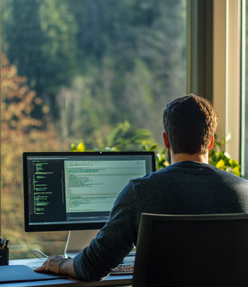 Man viewed from behind working on a computer with coding or programming text on the screen, seated at a desk near a large window with a green outdoor view.