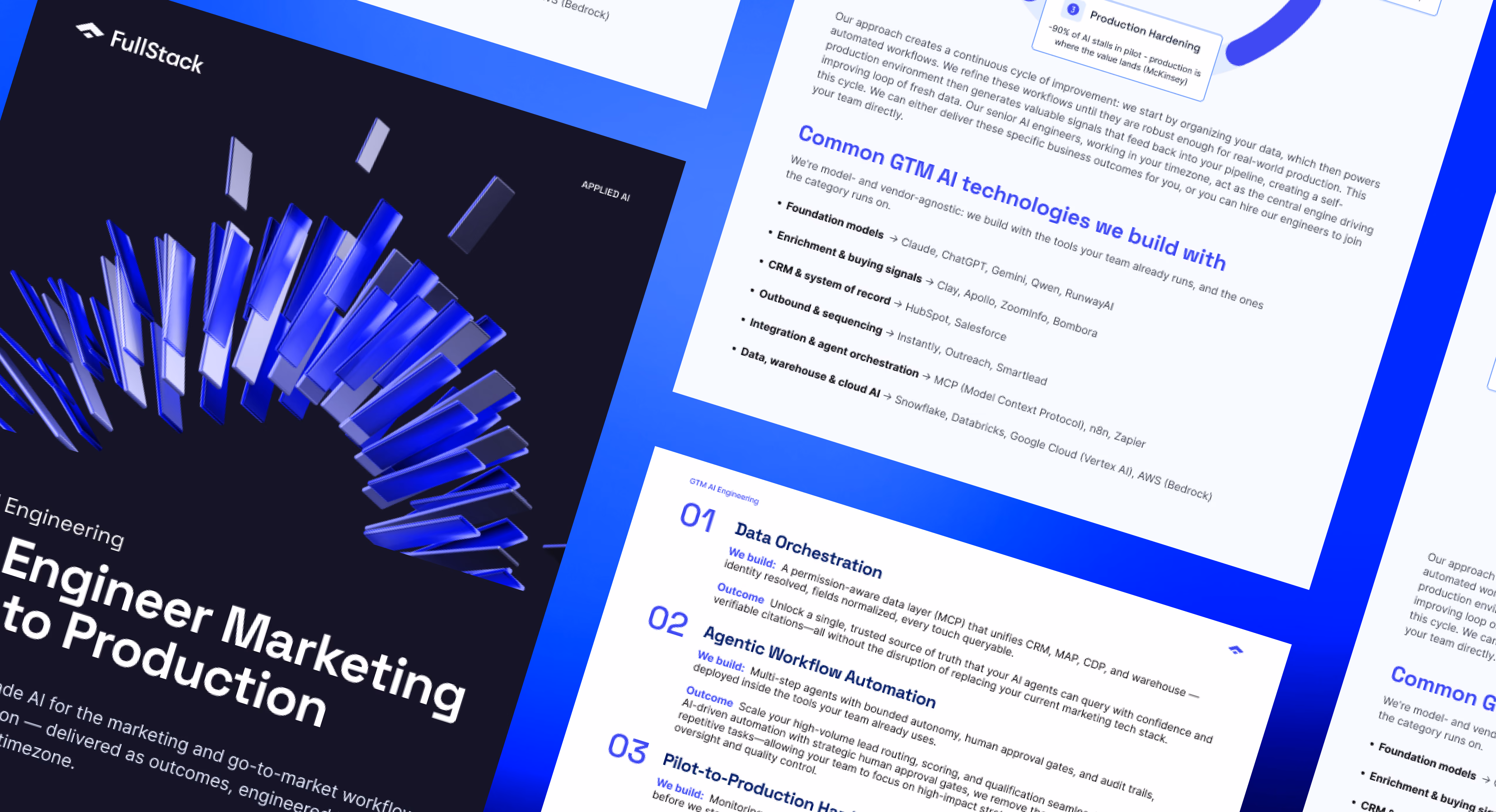 Graphic titled 'Engineer Marketing to Production' by FullStack with a 3D arch of floating rectangular panels and text explaining GTM AI engineering concepts including data orchestration, agentic workflow automation, and pilot-to-production hardening, along with a list of common GTM AI technologies such as foundation models, CRM, and cloud AI.