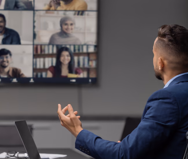 Engineering leader on a video call with a distributed team