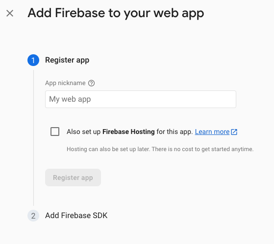 Screenshot of the 'Add Firebase to your web app' registration section.