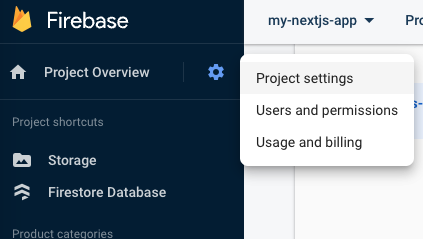 Image showing how to access Firebase project settings from the Project Overview.