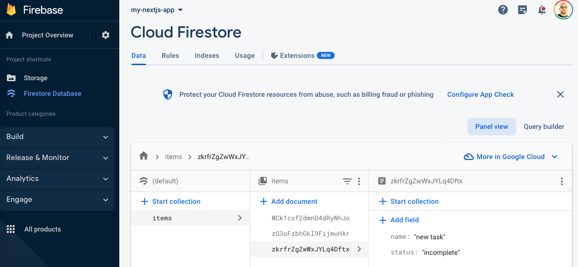 Screenshot of Cloud Firestore displaying the tasks that were recently added.