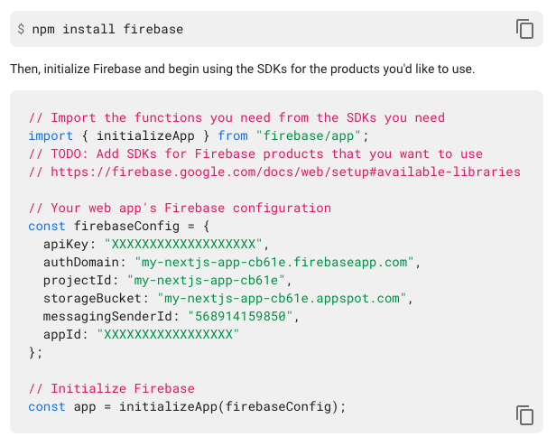 Screenshot of the project configuration details displayed in Firebase.