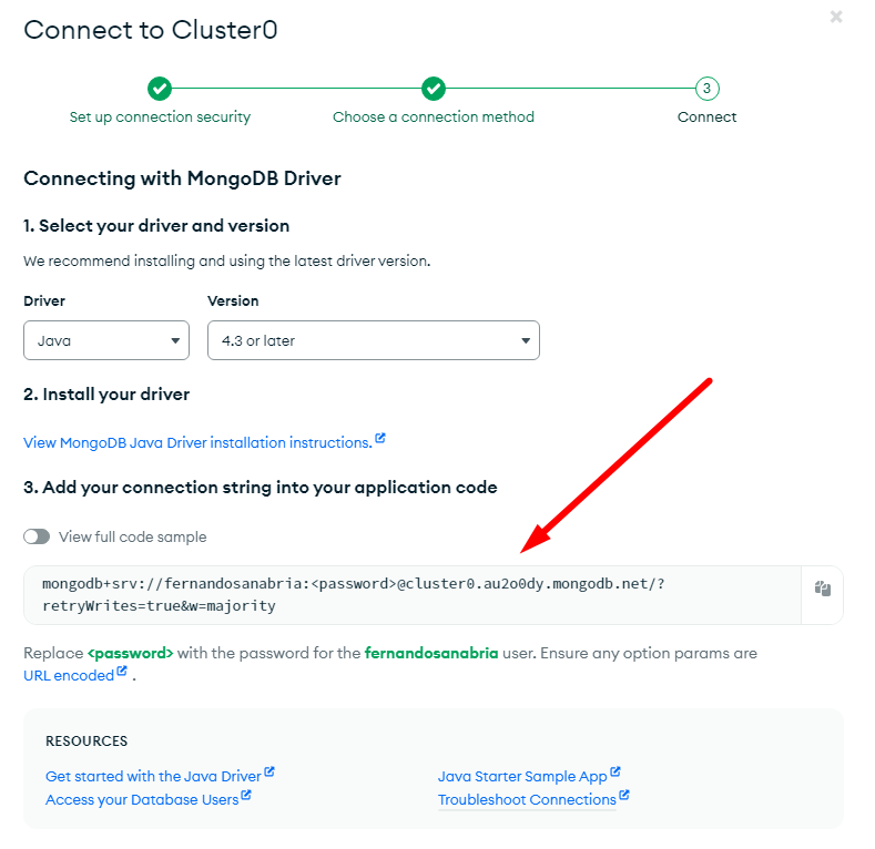 A visual guide that indicates how to add the connection string in MongoDB Atlas.