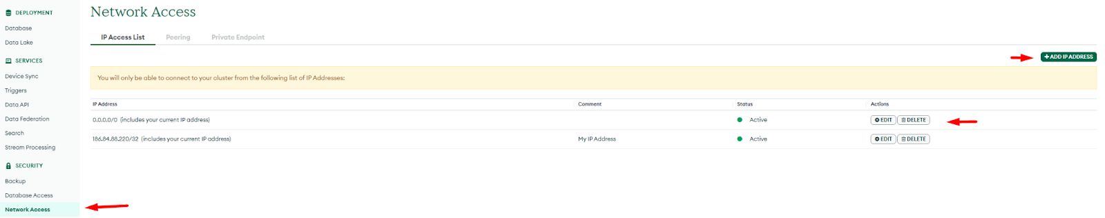 Image of the Network Acess section in MongoDB Atlas.