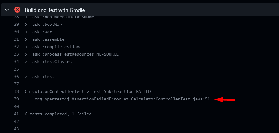 Visualization of the AssertionFailedError message in GitHub.