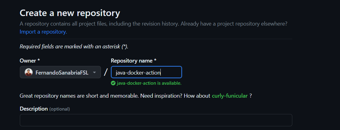 Screenshot showing the creation and naming of a new GitHub repository.