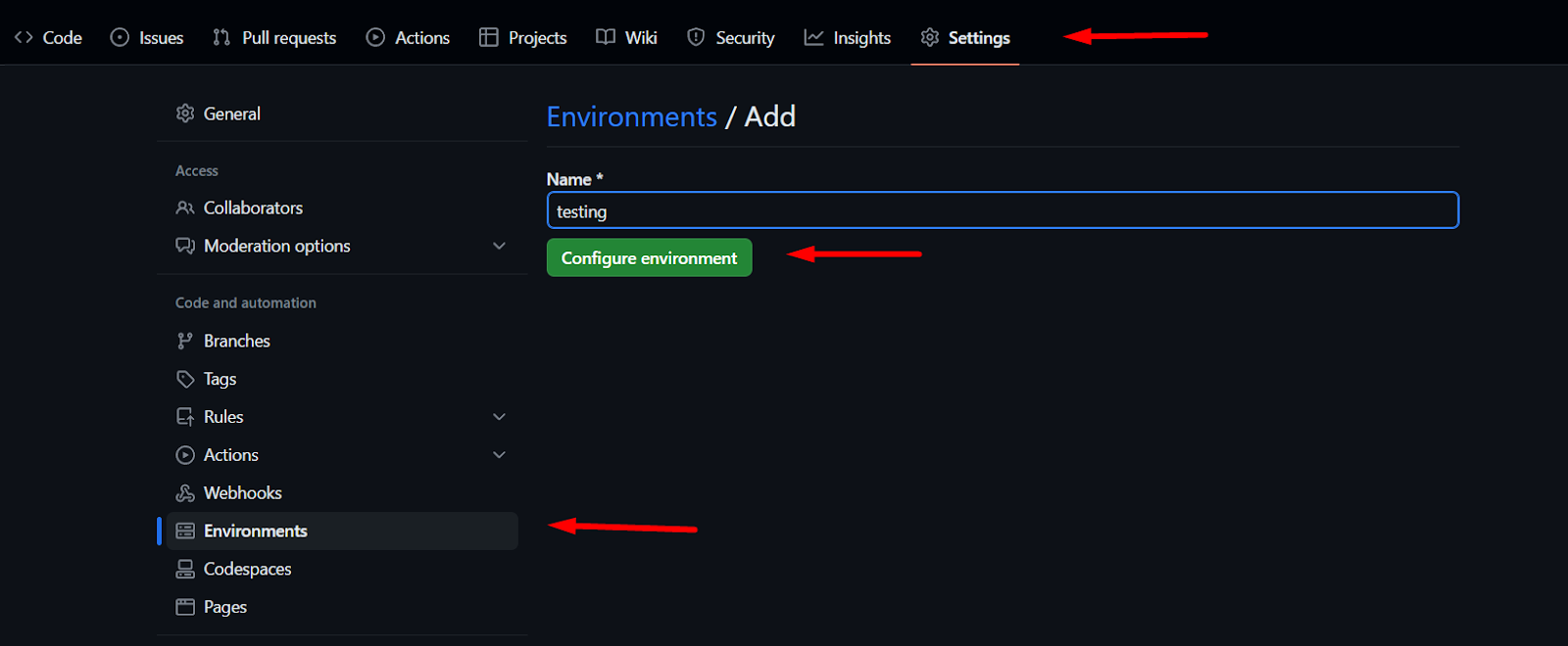 Screenshot illustrating how to create a new environment in GitHub's Settings section.