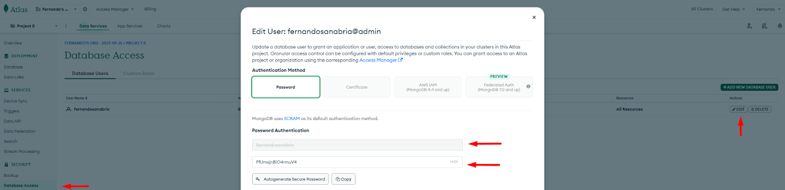 Visual guide that explains how to create the password in MongoDB Atlas.