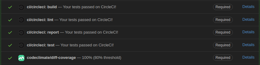 Github showing build, lint, test, and report jobs passing along with combined code coverage