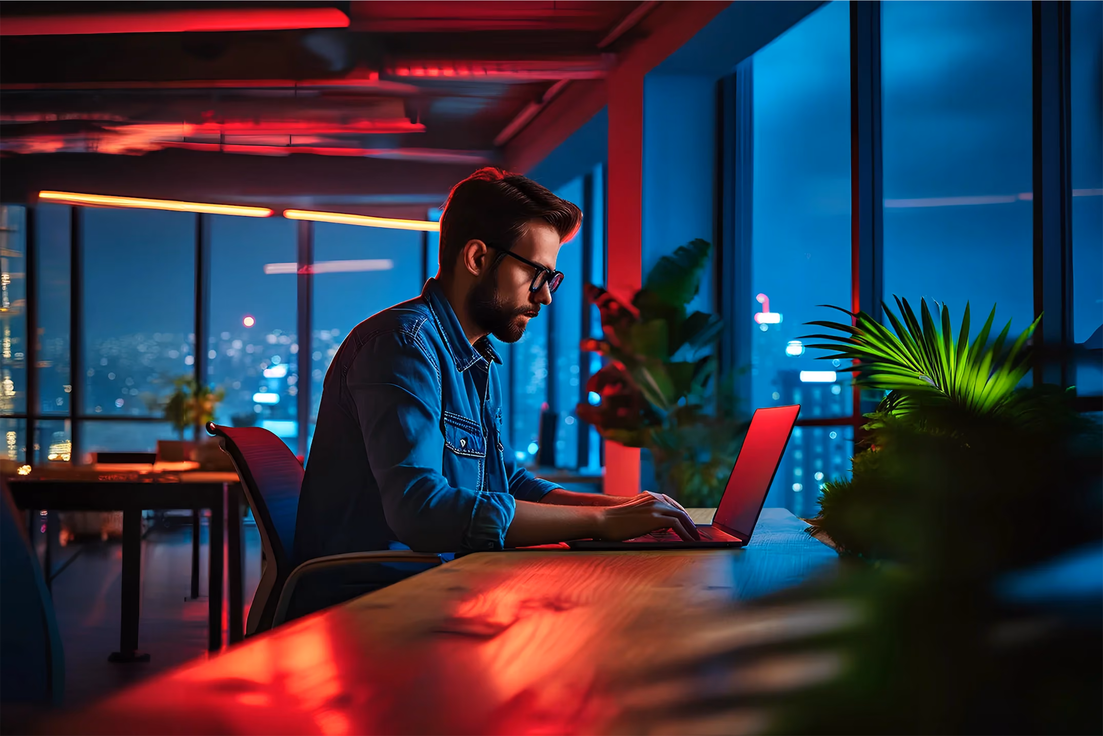 A developer works on his AI engineer skills in a futuristic lab.