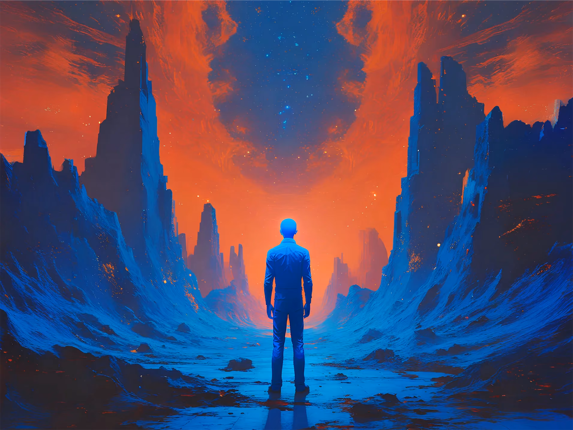 A man stands in a canyon looking at the night sky, representing the path to hire an AI engineer.