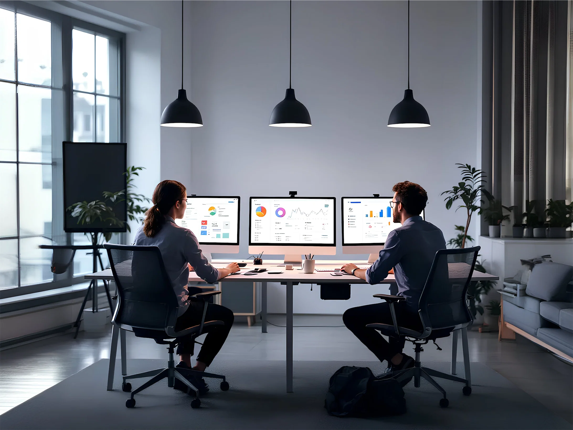 Software developers work at computers, weighing the Benefits of Custom Development for Businesses