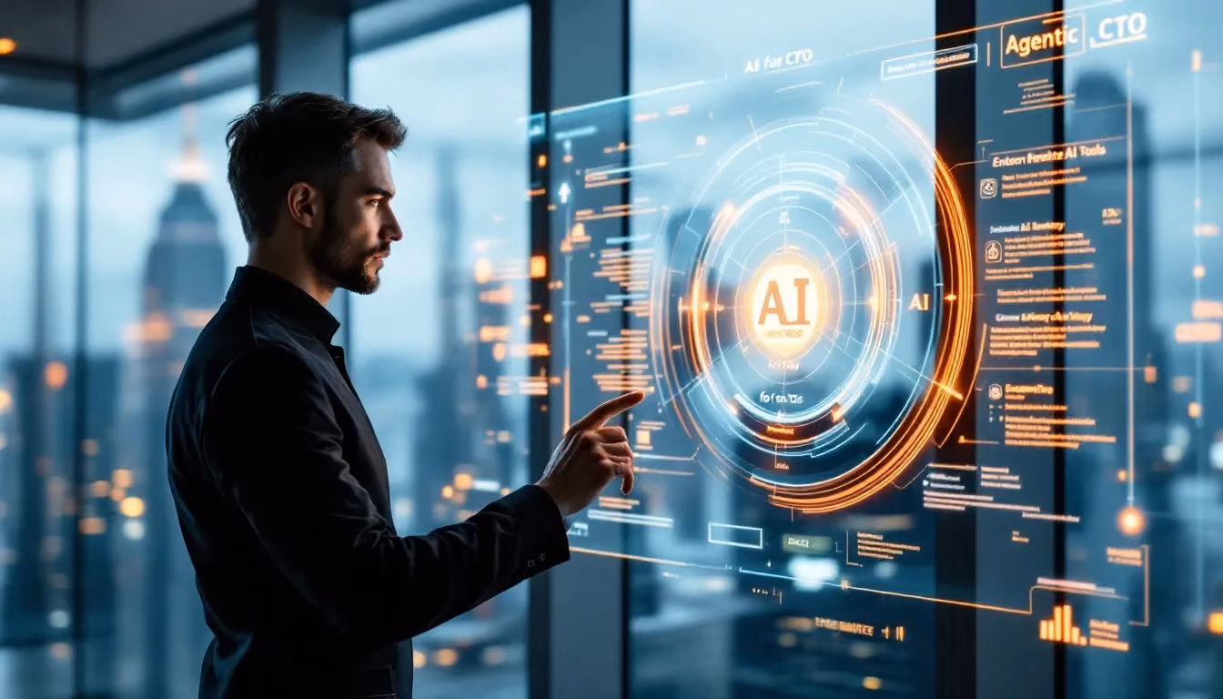 CTO interacting with a digital executive AI stack interface powered by agentic AI and enterprise AI tools.