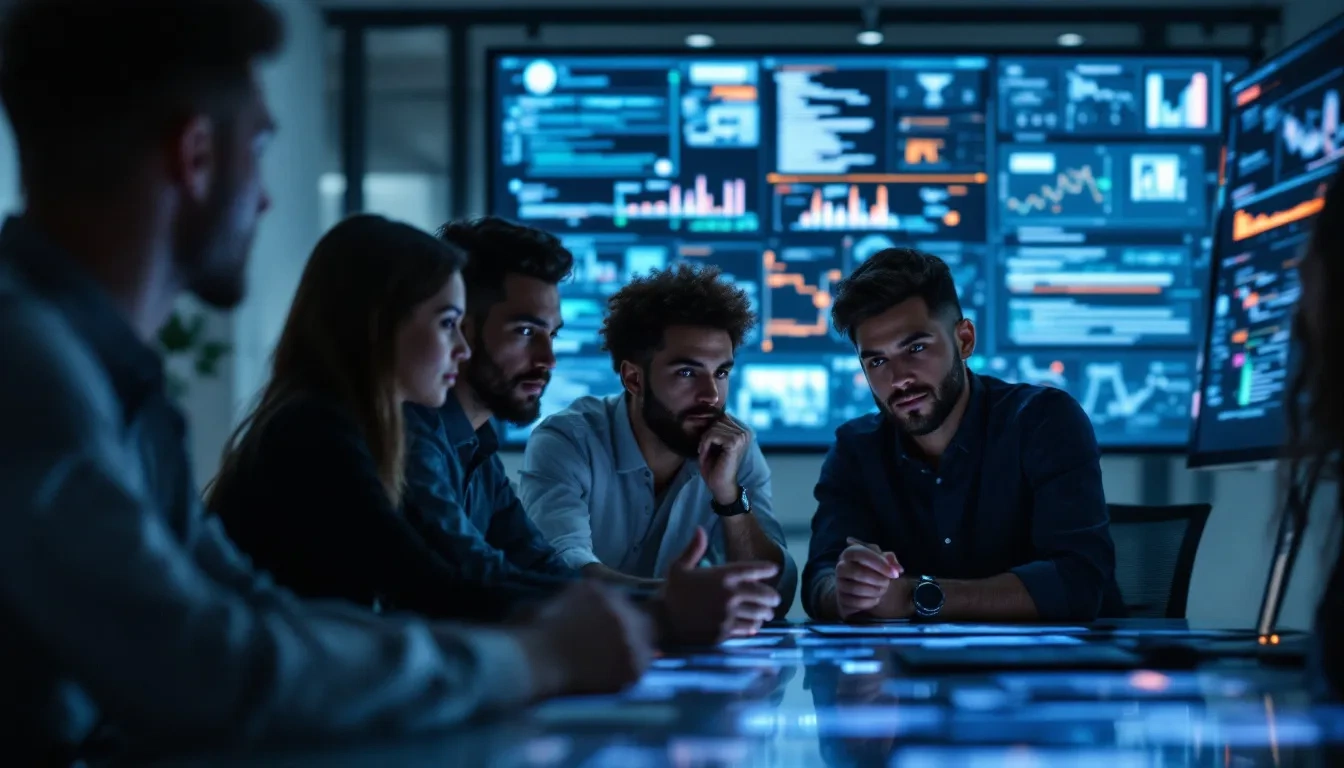 A team of software engineers working in an AI-powered environment with screens of data visualizations. They collaborate, showing how companies prepare teams for agentic AI adoption and workflow transformation