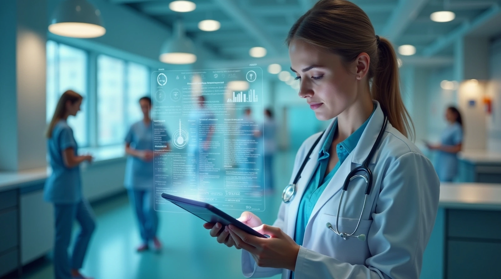 Healthcare professional using agentic AI to analyze patient data on a digital tablet, demonstrating real-world agentic AI applications for reducing burnout and improving clinical efficiency in healthcare.