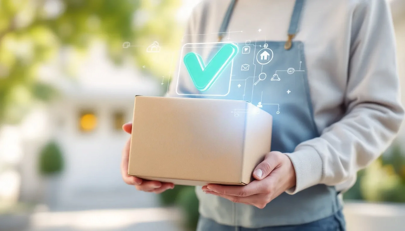E-commerce delivery confirmed by AI-powered customer service system, showing a package with glowing digital icons and a checkmark—illustrating agentic AI use cases in order tracking, refunds, and automated support.