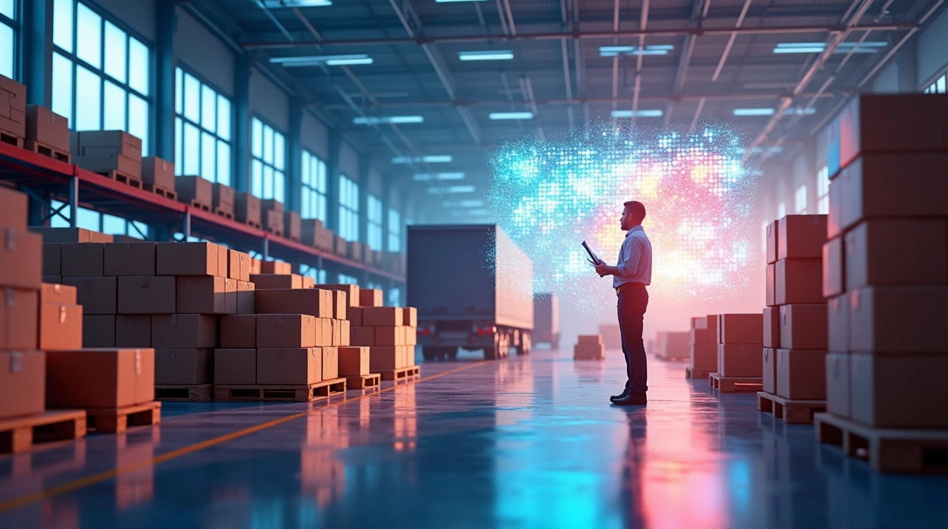 Warehouse manager using agentic AI to optimize supply chain logistics, standing among stacks of boxes with a glowing digital data visualization—showcasing real-world agentic AI applications in shipment tracking and operational efficiency.