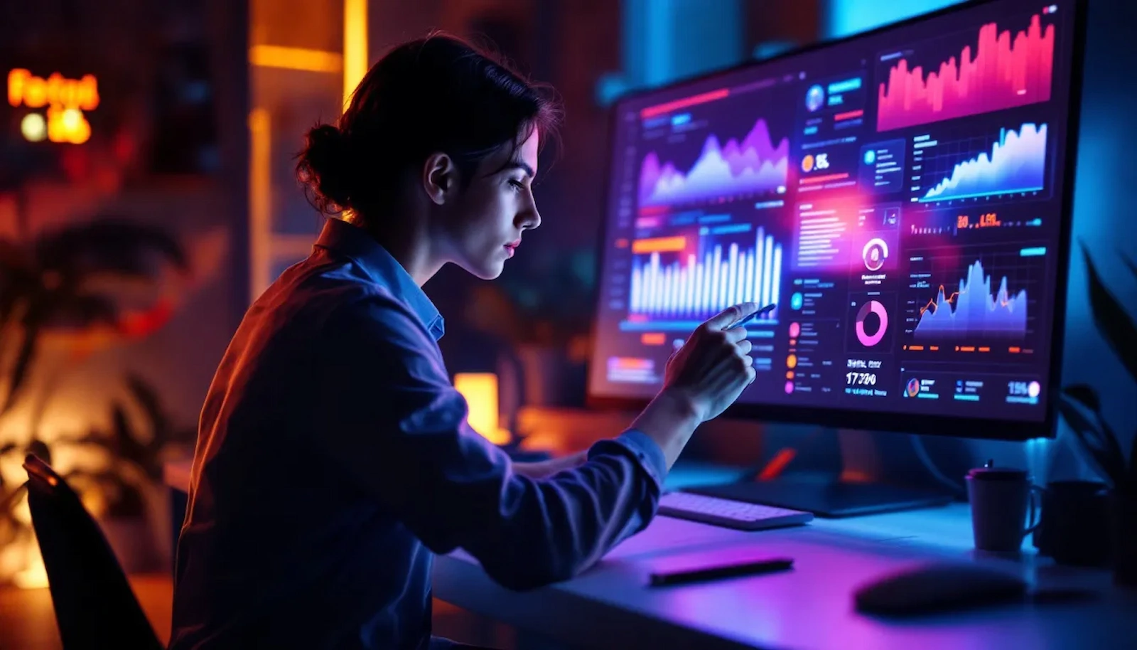 Analyst reviewing visual dashboards on a large monitor, showcasing how agentic AI problem solving accelerates data analysis, pattern detection, and business decision-making at scale.
