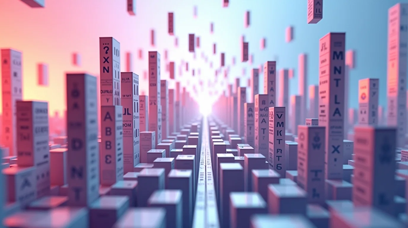 A stylized 3D cityscape composed of vertical blocks marked with fragmented letters and symbols, visually representing LLM tokenization in AI. The blocks vary in height and are arranged in grid-like rows, evoking the idea of individual tokens forming structured data. The background features a soft gradient from pink to blue, with blocks appearing to drop into place, suggesting the dynamic assembly process of language models.