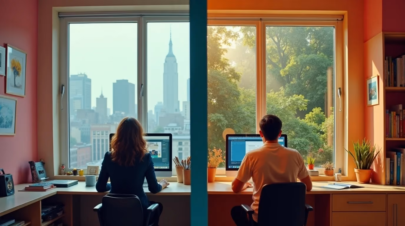 A split-screen visual of two professionals working remotely—one in a city setting, the other in a more suburban or natural environment—symbolizing the flexibility and global reach of nearshore development teams. Represents FullStack Labs’ ability to deliver high-quality software development from cost-effective, time zone-aligned regions like Latin America, ensuring seamless collaboration for B2B companies.