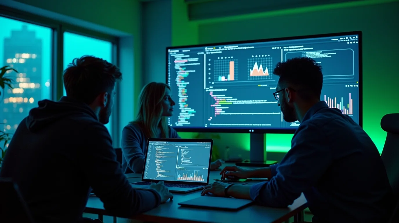 A nearshore development team collaborates in a modern, tech-focused workspace with dashboards showing software analytics and code. Highlights FullStack Labs’ commitment to delivering high-quality software engineering through well-aligned teams. Emphasizes real-time communication, time zone overlap, and cost-effective scalability for B2B companies seeking trusted development partners.