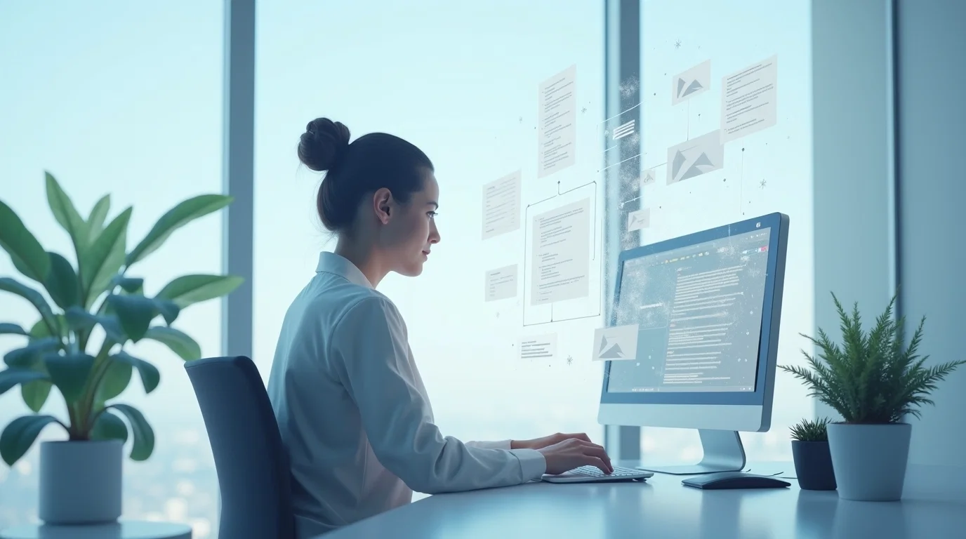 A focused developer works at her desk, surrounded by digital documents and flowcharts floating in augmented reality. The immersive UI symbolizes the technical customization behind domain-specific AI platforms. This scene reflects enterprise-level build-outs where AI implementation for enterprises must be scalable, secure, and context-aware. The image also highlights the role of industry-tailored AI partners who bring structured processes and vertical AI expertise to complex development efforts.