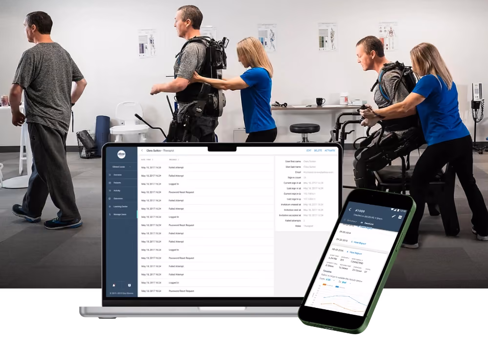 Physical therapist helps patient walk again with exoskeleton device. Mobile and web app displayed in foreground.