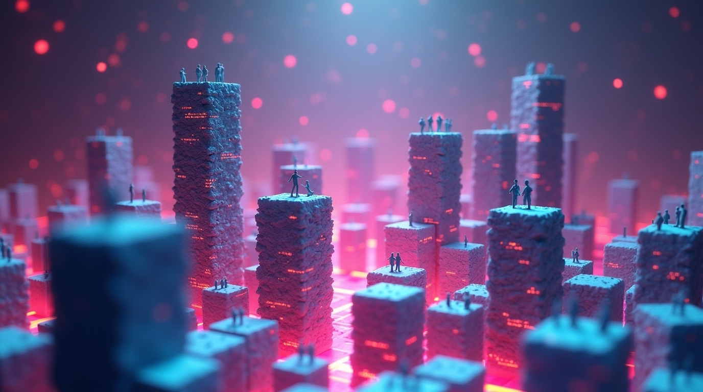 Abstract cityscape visualization of generative AI networks, with miniature business figures standing on glowing data towers representing digital transformation and ROI.