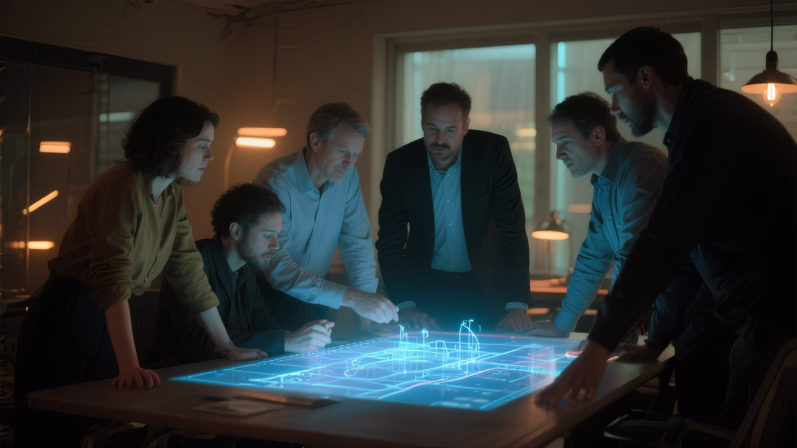 A diverse group of professionals collaborates around a glowing digital table displaying holographic schematics in a modern office. The team studies plans representing enterprise legacy system modernization strategy and AI-driven digital transformation for 2025.