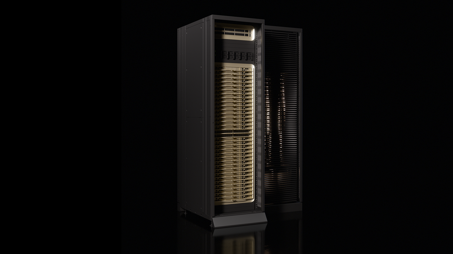 NVIDIA Vera CPU rack with densely packed server trays in a data center cabinet