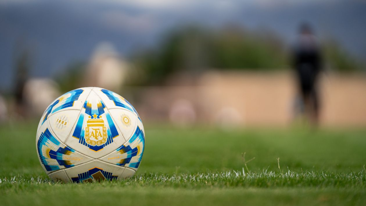 Close-up of a soccer ball on a grassy soccer pitch.