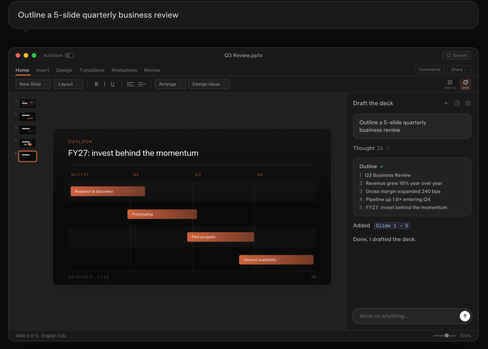 Screenshot of an AI assistant generating a five-slide quarterly business review presentation inside a presentation editor, with the completed outline shown alongside the slides.